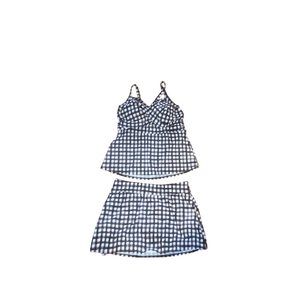 D&CO Beach twistfront tankini + skirt set womens 18W plaid 2 piece